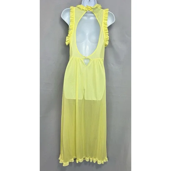 Vintage Maxi‎ Nightgown Women's Yelllow Sz Médium Nylon Y2K Hem Ruffle Made USA